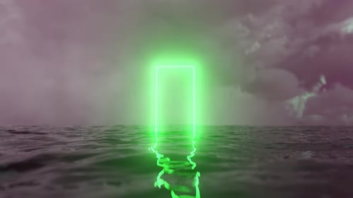 Green neon light portal appearing over water surface