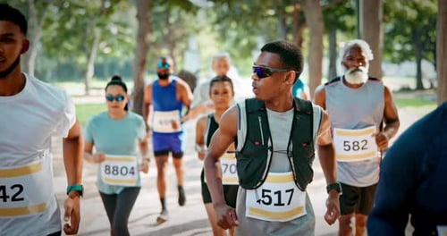 Running, marathon and people outdoor for race, endurance challenge and fitness event