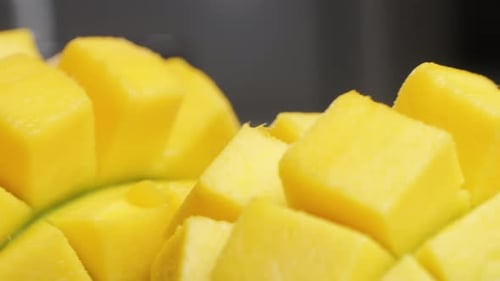 Close Up Rip Mango Slice Cubes Cut