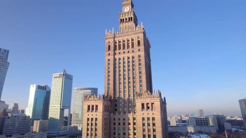 Winter Aerial Drone Video of the Palace of Culture and Science in Warsaw Downtown with Skyscrapers