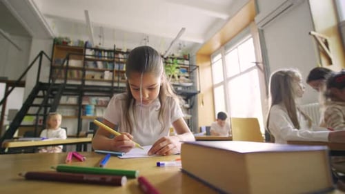 Portrait of an Elementary School Student Sitting at a School Desk in Art Class and Drawing with