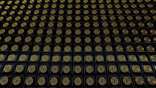 Looping Golden Abstract Patterns on Undulating Black Tile Grid