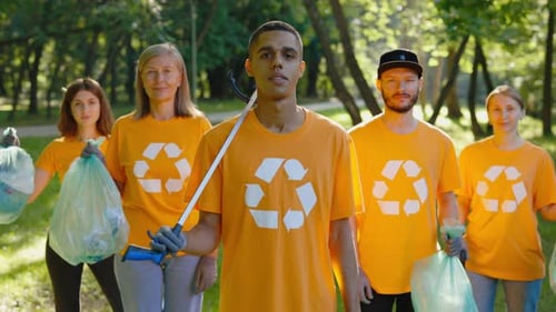 Portrait of the Group Eco Volunteers After Cleaning the Forest From the Garbage Team Ecological