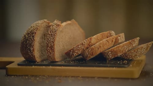 Sliced Bread on a Cutting Board, Close Up