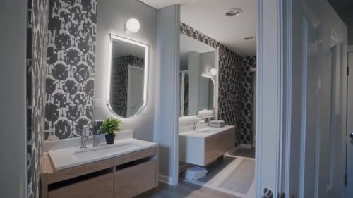 Modern Bathroom with Black and White Patterned Wallpaper