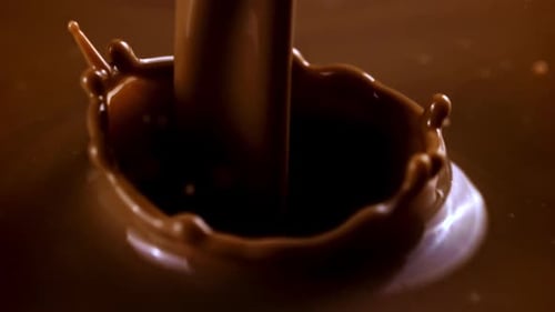 Super Slow Motion a Stream of Hot Chocolate Pours in with Splashes