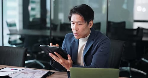 Tablet, proposal and thinking with businessman in office for administration, planning or research