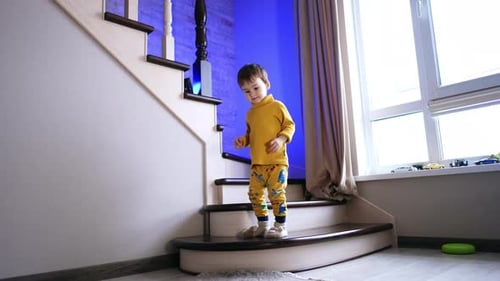 Young Child Descends Stairs and Crawls on Floor