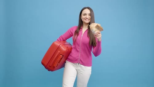 Smiling Woman with Orange Suitcase and Euro Money