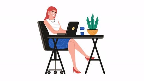 Flat Design Animation of Woman Working at Desk with Laptop