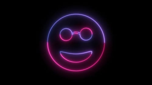 Neon Smiley Face with Glasses on Black Background