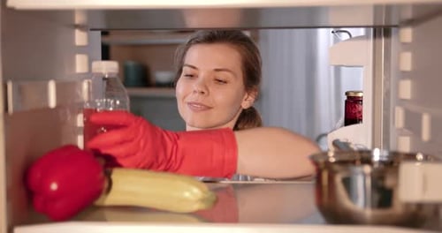 Inside View Housewife in Rubber Gloves Cleaning Refrigerator