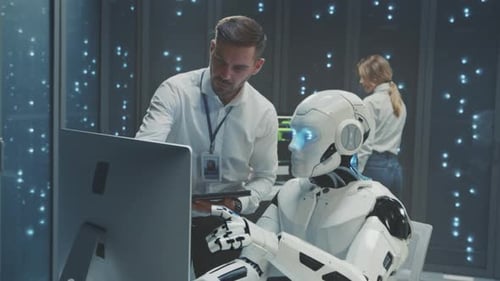 Engineer Monitors Robot Diagnostics Intensely Testing Environment Features Advanced Robot and System