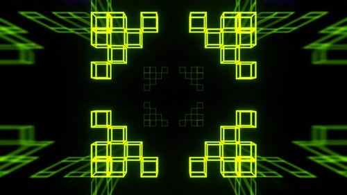Hellgrüner, lilafarbener und weißer neonfarbener Hintergrund mit blinkenden geometrischen Würfelmustern, VJ Loop in 4K