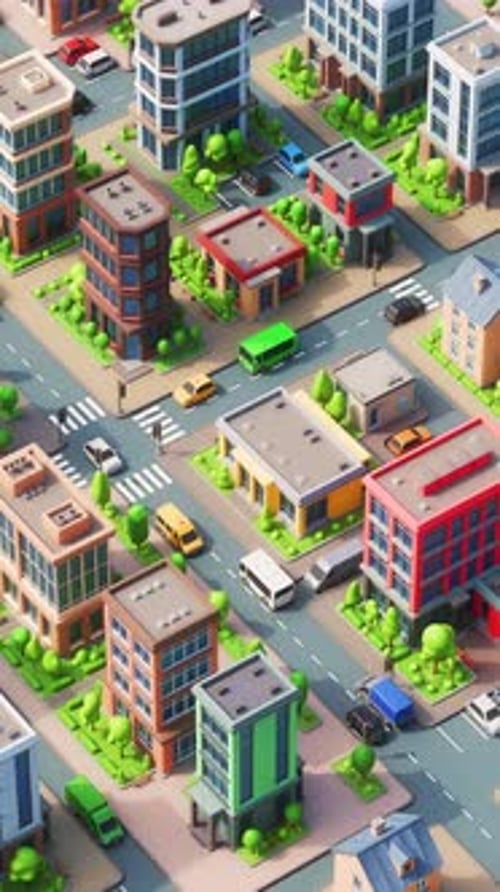 Flying Over a 3D Cartoon Modern City