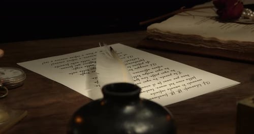 Close Up of Letter and Inkwell on Desk