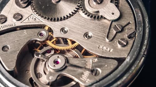 Moving Gears of a Mechanical Watch, Close Up