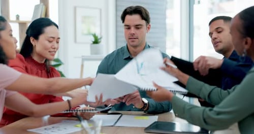 Headache, stress and business man in office with chaos, frustration and overwhelmed with team