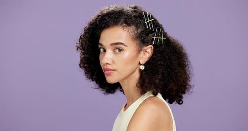 Face, skincare and woman in studio for aesthetic, beauty and dermatology on purple background space