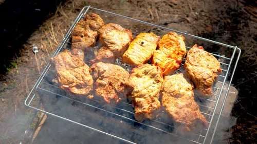 Pork Steak Marinated in Sweet Sauce Roasted Over BBQ Grill Heated to Flaming Temperature