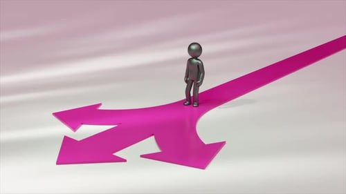 Metallic Mannequin is Walking on a Pink Arrow Splitting Into Two Symbolizing Choices Decisions and