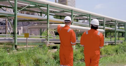 Two male technician face refinery pipeline as one raises walkietalkie toward equipment,