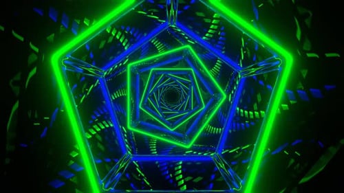 Green And Blue Neon Pentagon Mirror Tunnel Background Vj Loop In 4K