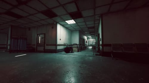 Abandoned Hospital Corridor with Dim Lighting and Scattered Equipment at Night