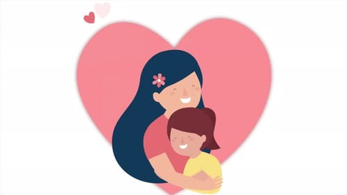 Animated Flat Design Mother and Child Hugging with Floating Hearts