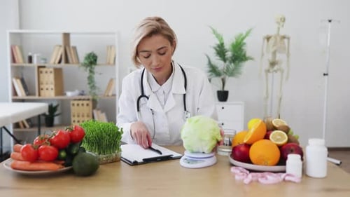 Nutritionist Weighing Cabbage and Smiling in Office