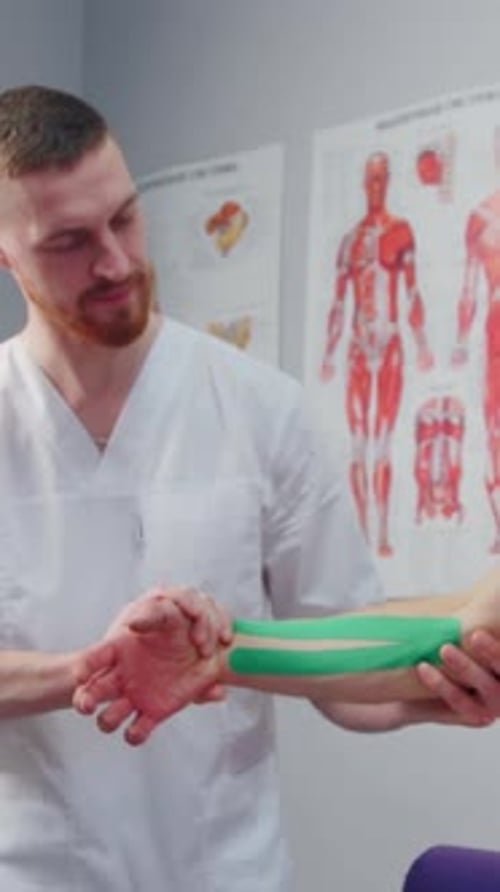 Medical Professional Manipulating Patient Arm With Athletic Tape
