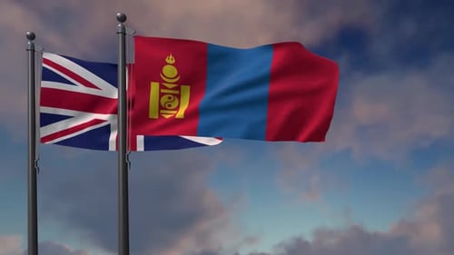 Realistic 3D Animation of United Kingdom and Mongolia Flags Waving