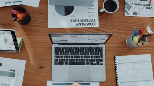 Above, hands and people with documents in office for accounting, finance report and company funds