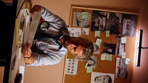 Vertical Video Closeup of Detective's Office Middleaged Investigator in Shirt and Tie Sitting at