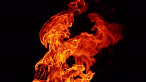 Heiße Feuerflammen wirbeln in der Luft. Langes Lagerfeuer, das in der totalen Dunkelheit brennt. Nahaufnahme.
