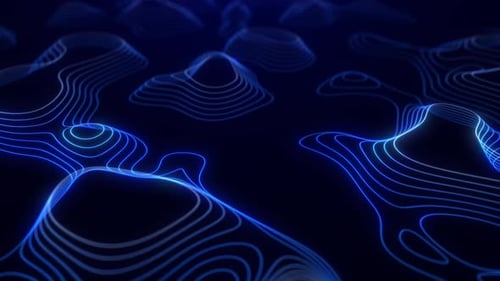 Abstract animated outline topographic contour map. Moving waves on black background