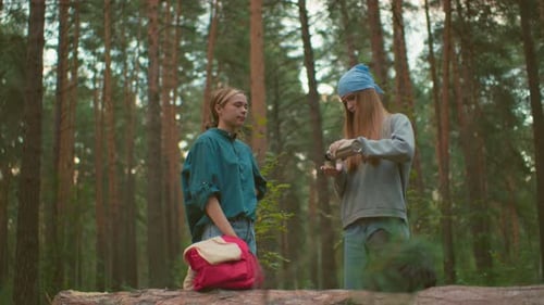 Friends Share Warm Drink in Peaceful Forest Setting
