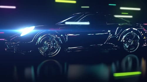 a shiny black car at high speed moves in an abstract space with the effect of an unstable camera