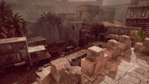 Exploring the Ancient City with Towering Structures and Lush Palm Trees