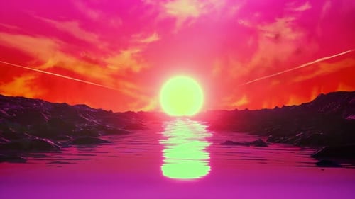 Animation rétro des années 1980 avec rochers, rivière, soleil et rose cyberpunk