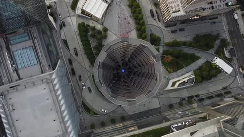 Aerial video of a structure as part of the Hudson Yards redevelopment project in Manhattan, New York