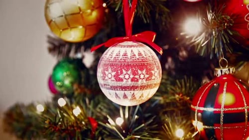 Close-up of Christmas Tree Ornaments and Twinkling Lights