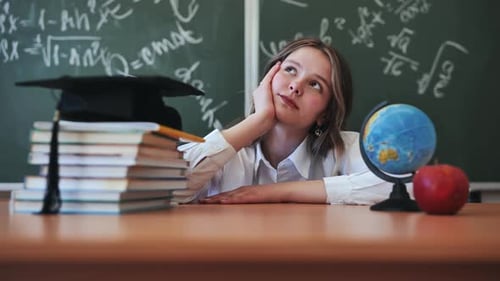 A Cheerful Schoolgirl Daydreaming in the Background of School Subjects