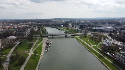 Drone flight along the Vistula River in Krakow