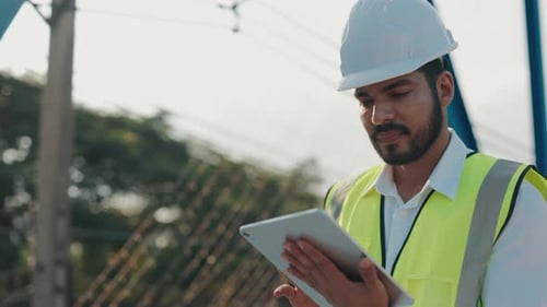 Portrait of Bearded Contractor with Tablet Computer Walking Along Bridge
