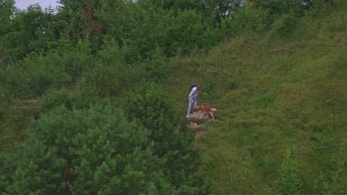 Young Caucasian Ginger Man with Cute Siberian Husky Dog Walking in Hilly Park Landscape Outside Man