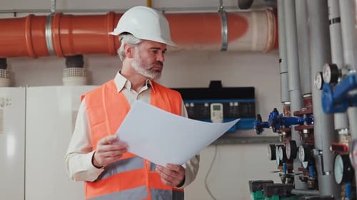Busy Worker Examining Gray Pipes While Standing Near with Document on Factory