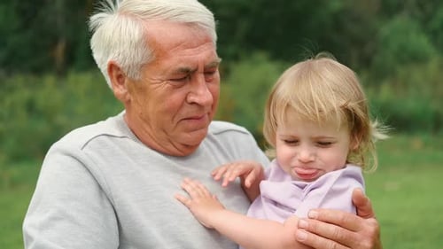 Grandfather and Grandchild Baby Have Fun During Walk In Park Happy Family Old Man Grandpa Hugging 2