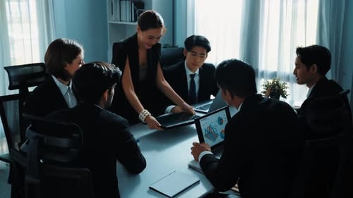 Top view of diverse business people brainstorm marketing idea. Directorate.