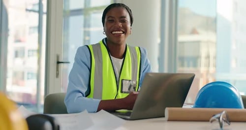 Black woman, laptop and contractor for blueprint with face for planning